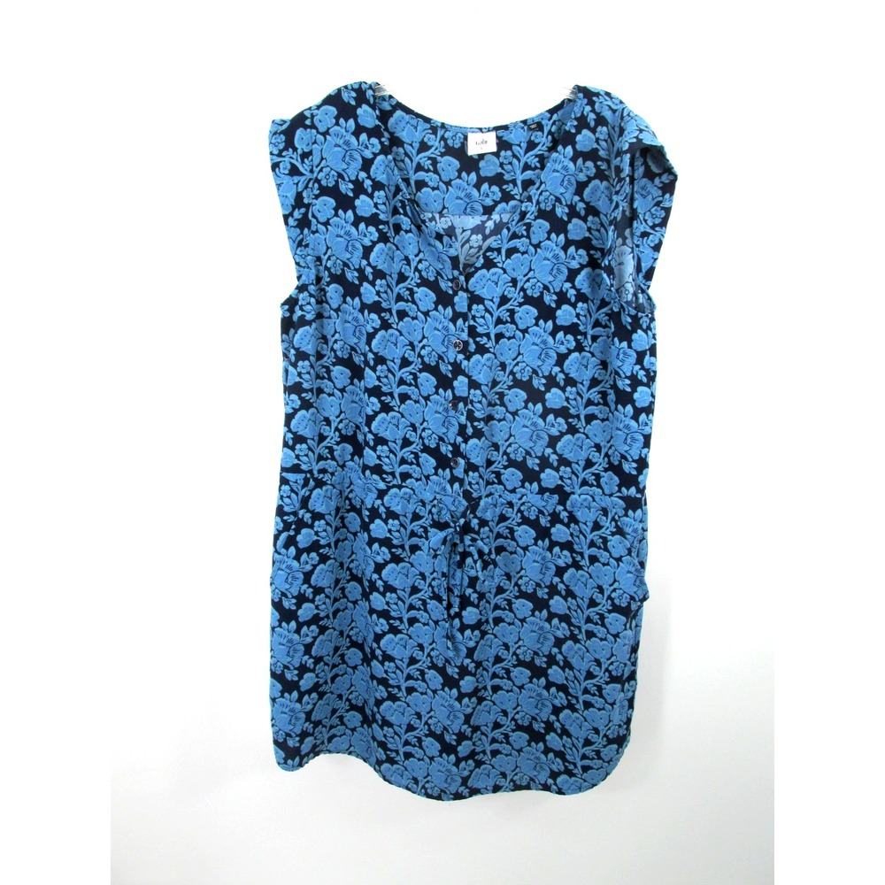CABI Midi Dress Women Large Blue Floral Pullover Pockets Pleated Short Sleeve
